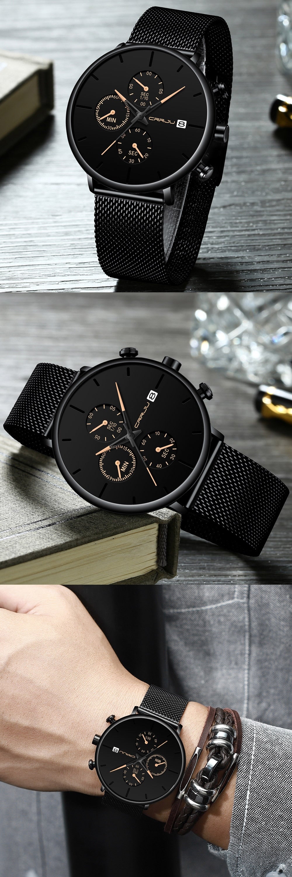 Relógio Masculino CRRJU, Luxuoso e Esportivo. Pulseira em Malha de Aço. A Prova D'água.