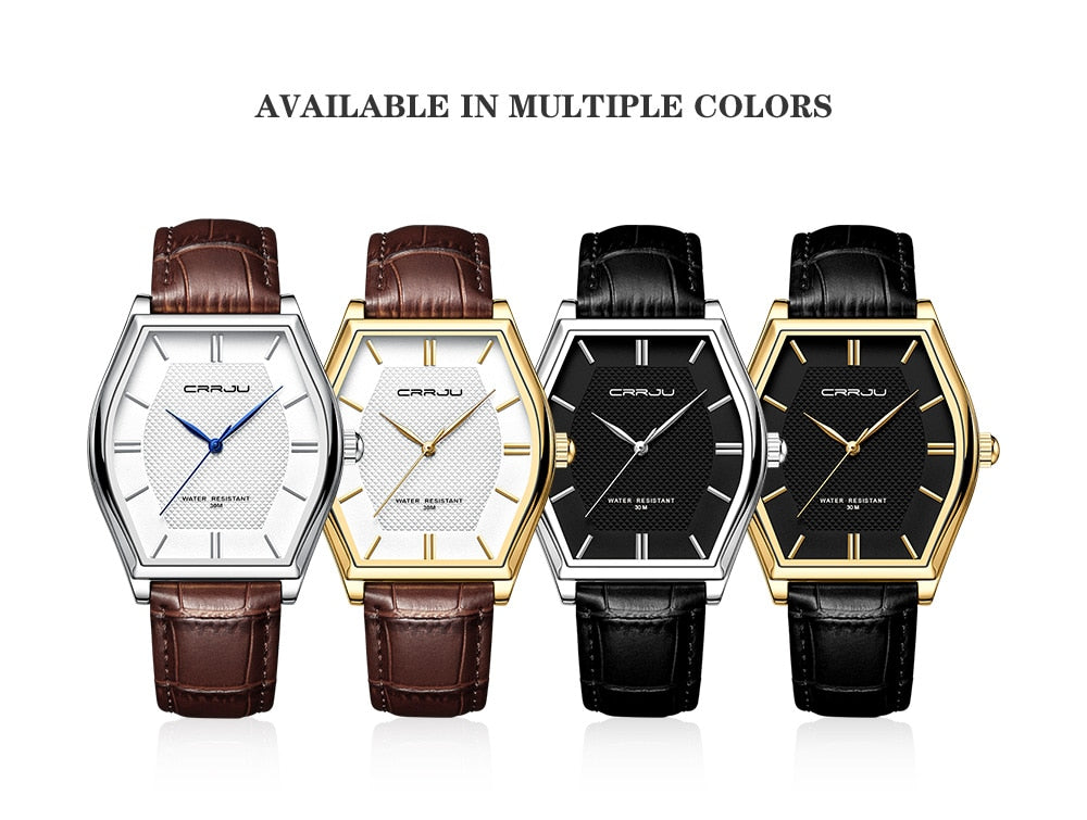Relógio Masculino CRRJU de Luxo, com Pulseira de Couro e a Prova D'água.
