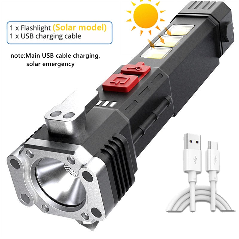 Lanterna de LED 200W, Com Bateria Recarregável via Cabo USB ou Solar, Estágios de Iluminação, Alta Resistência a Impacto e a Água. Consegue Transferir Energia para outros Equipamentos.