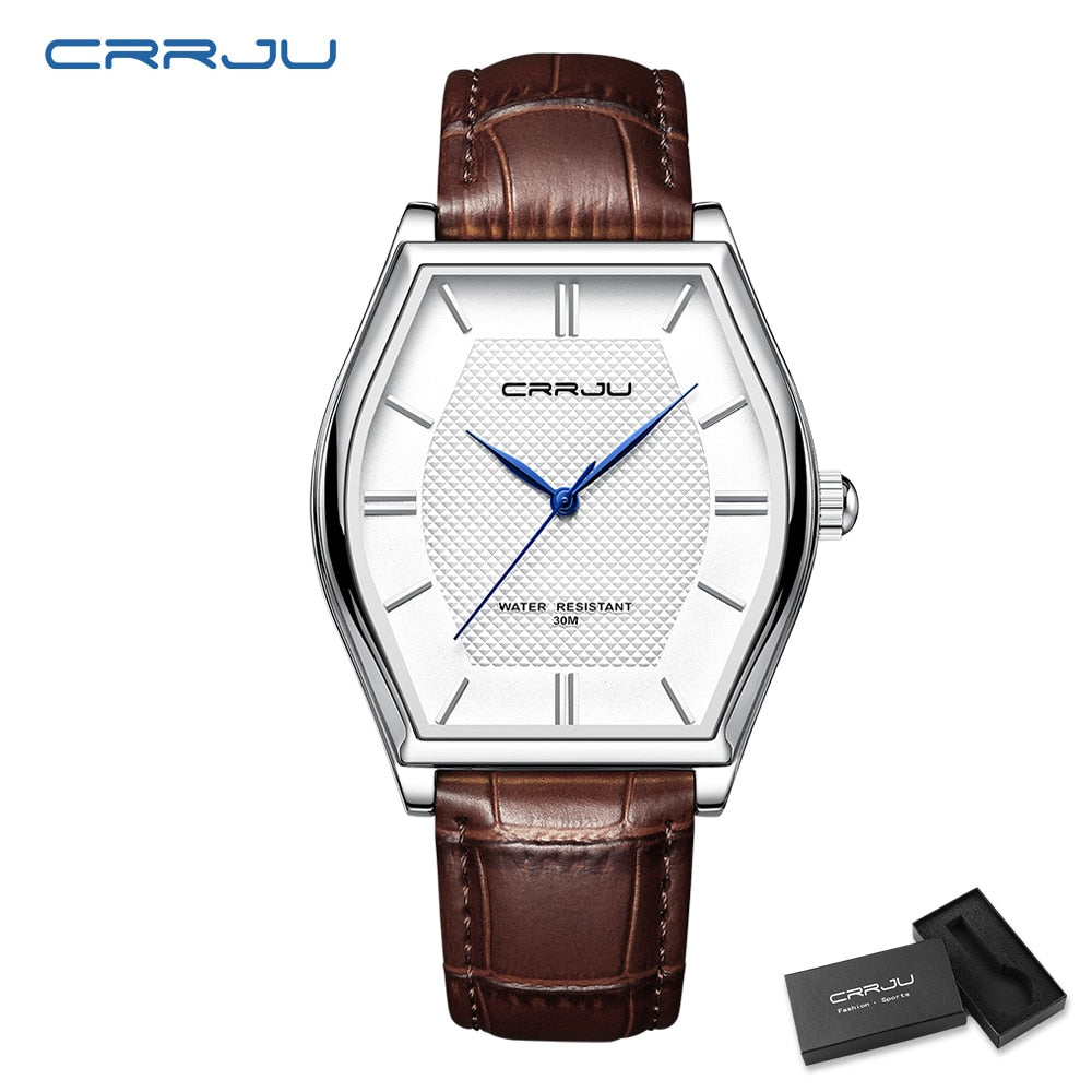 Relógio Masculino CRRJU de Luxo, com Pulseira de Couro e a Prova D'água.