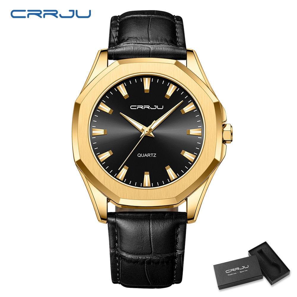 Relógio Masculino CRRJU com Pulseira de Couro. Elegante, Casual e Esportivo e a Prova D'água.