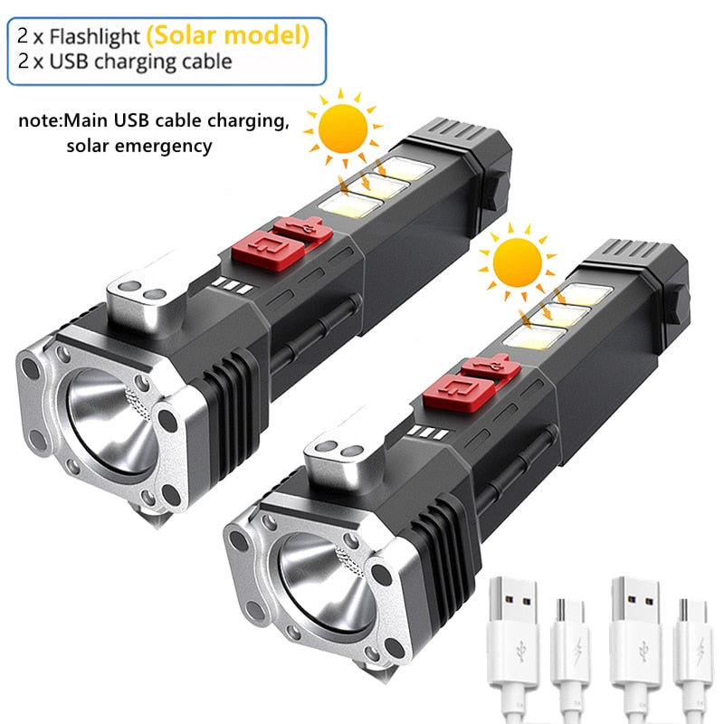 Lanterna de LED 200W, Com Bateria Recarregável via Cabo USB ou Solar, Estágios de Iluminação, Alta Resistência a Impacto e a Água. Consegue Transferir Energia para outros Equipamentos.