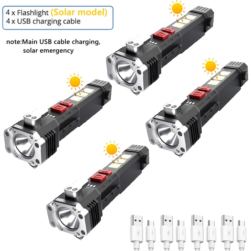 Lanterna de LED 200W, Com Bateria Recarregável via Cabo USB ou Solar, Estágios de Iluminação, Alta Resistência a Impacto e a Água. Consegue Transferir Energia para outros Equipamentos.