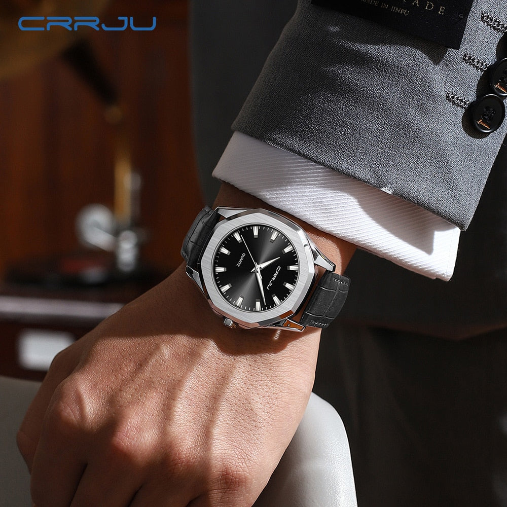 Relógio Masculino CRRJU com Pulseira de Couro. Elegante, Casual e Esportivo e a Prova D'água.