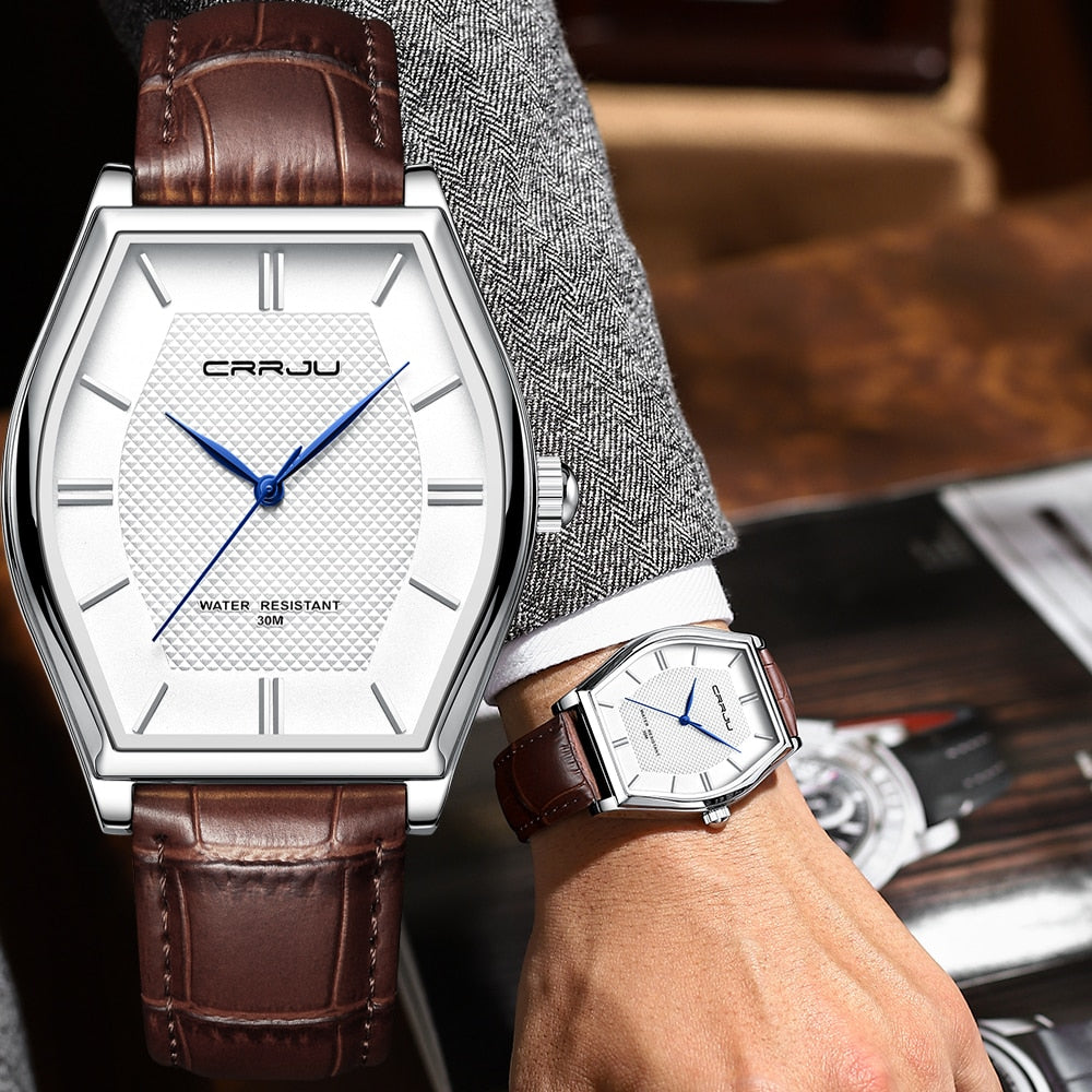 Relógio Masculino CRRJU de Luxo, com Pulseira de Couro e a Prova D'água.