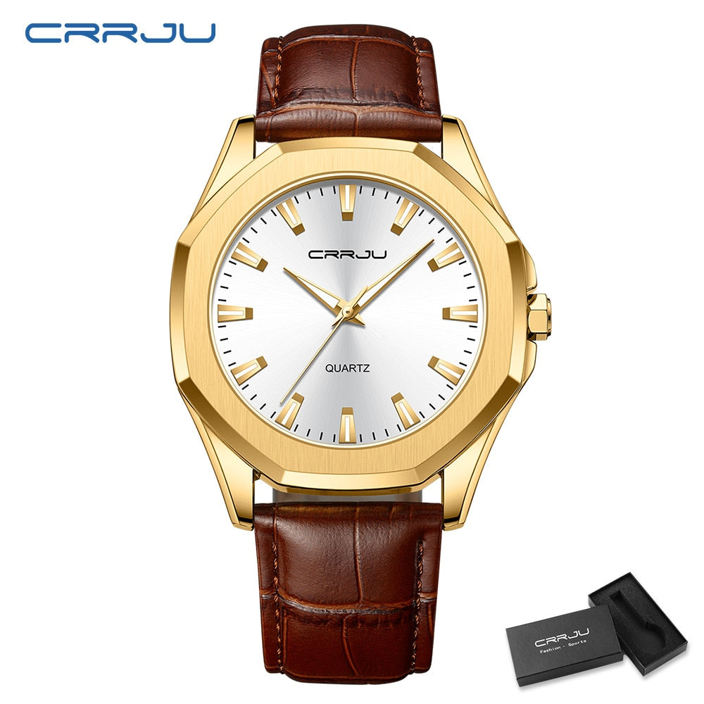 Relógio Masculino CRRJU com Pulseira de Couro. Elegante, Casual e Esportivo e a Prova D'água.