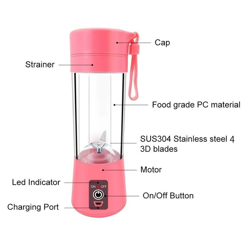 Mini Liquidificador Portátil, Carregamento da Bateria via USB, 06 Laminas. 380 ml