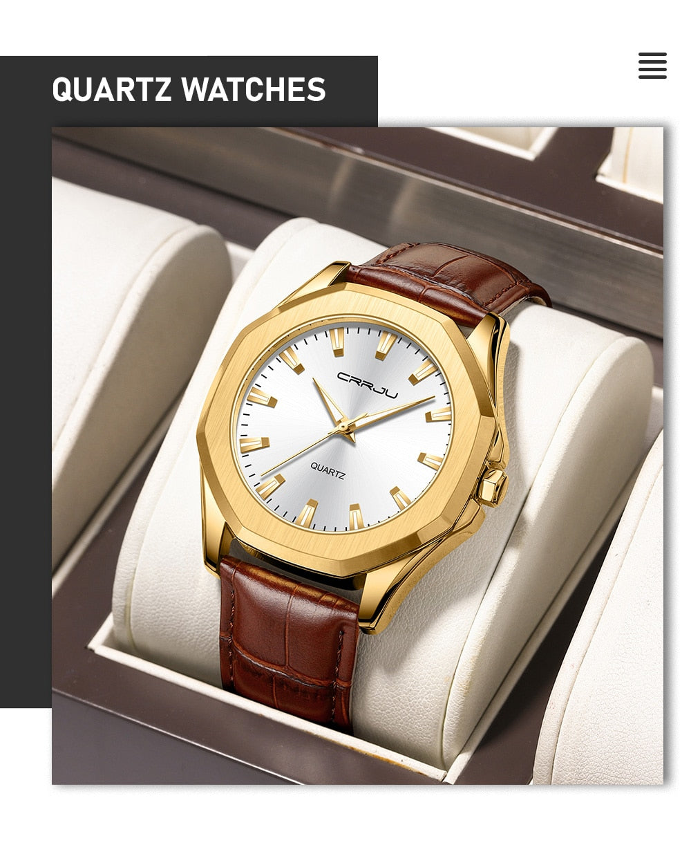 Relógio Masculino CRRJU com Pulseira de Couro. Elegante, Casual e Esportivo e a Prova D'água.