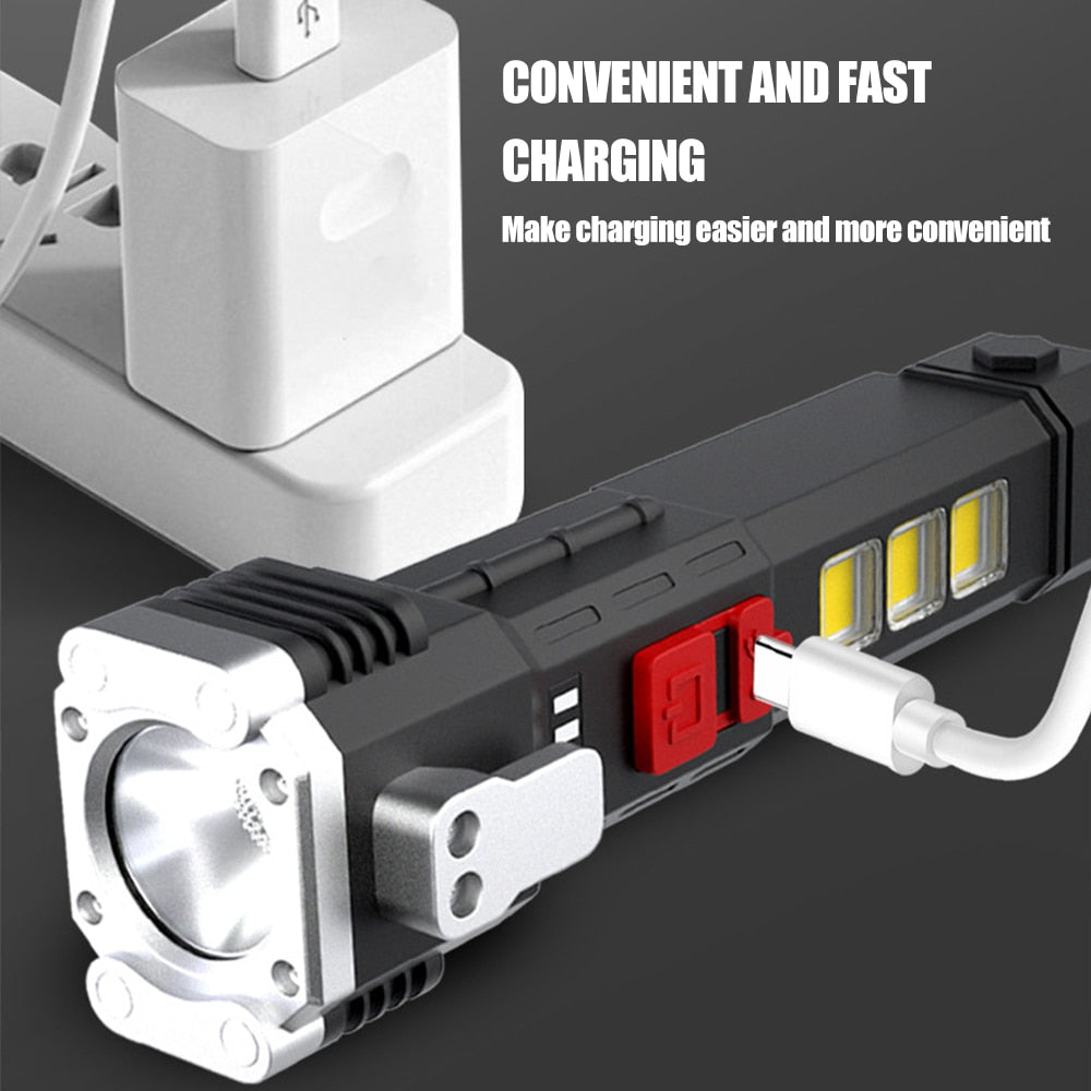 Lanterna de LED 200W, Com Bateria Recarregável via Cabo USB ou Solar, Estágios de Iluminação, Alta Resistência a Impacto e a Água. Consegue Transferir Energia para outros Equipamentos.