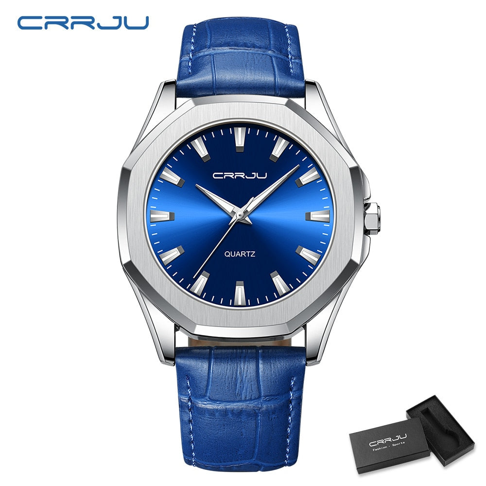 Relógio Masculino CRRJU com Pulseira de Couro. Elegante, Casual e Esportivo e a Prova D'água.