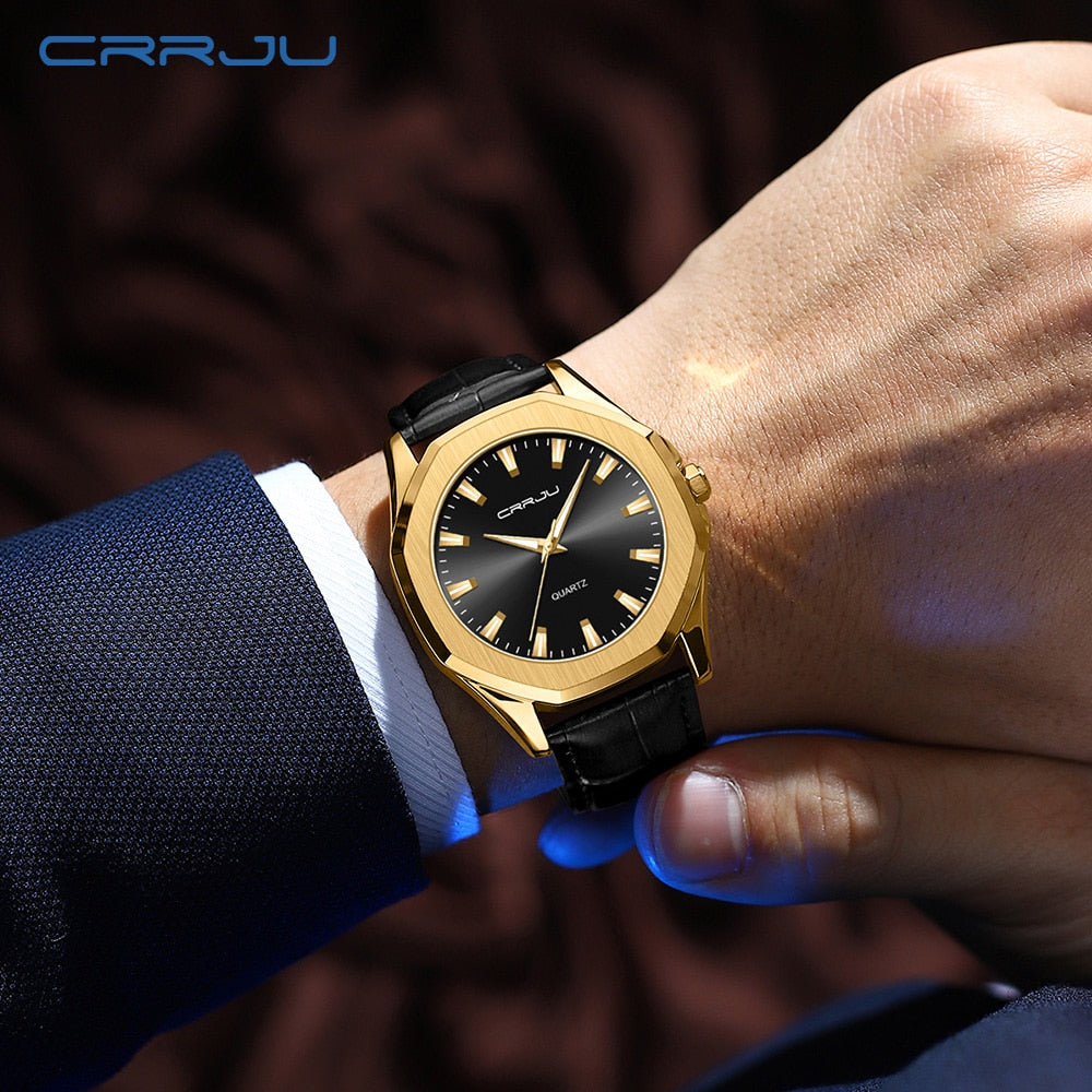 Relógio Masculino CRRJU com Pulseira de Couro. Elegante, Casual e Esportivo e a Prova D'água.