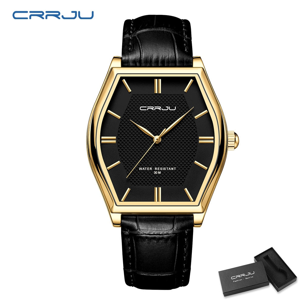Relógio Masculino CRRJU de Luxo, com Pulseira de Couro e a Prova D'água.