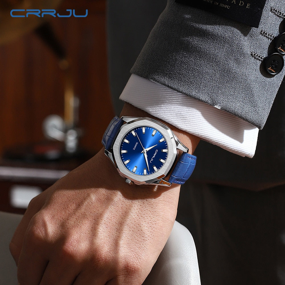 Relógio Masculino CRRJU com Pulseira de Couro. Elegante, Casual e Esportivo e a Prova D'água.