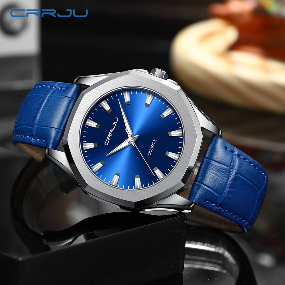 Relógio Masculino CRRJU com Pulseira de Couro. Elegante, Casual e Esportivo e a Prova D'água.