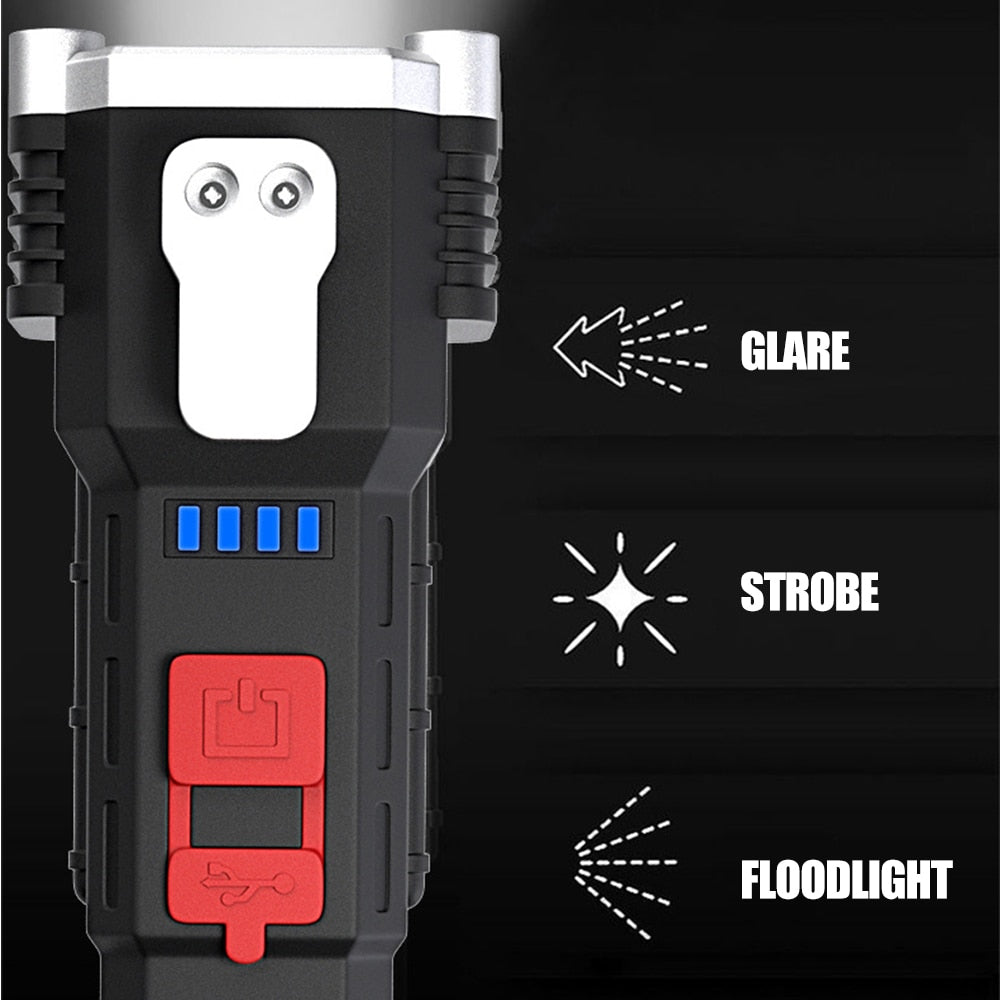 Lanterna de LED 200W, Com Bateria Recarregável via Cabo USB ou Solar, Estágios de Iluminação, Alta Resistência a Impacto e a Água. Consegue Transferir Energia para outros Equipamentos.