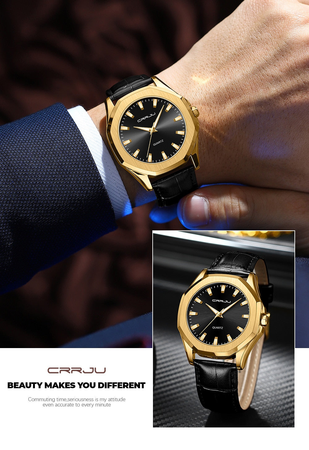 Relógio Masculino CRRJU com Pulseira de Couro. Elegante, Casual e Esportivo e a Prova D'água.