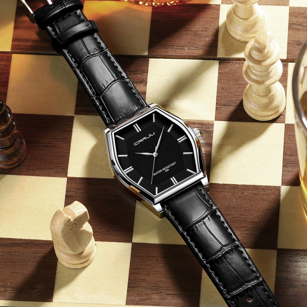 Relógio Masculino CRRJU de Luxo, com Pulseira de Couro e a Prova D'água.