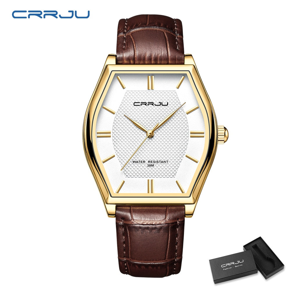 Relógio Masculino CRRJU de Luxo, com Pulseira de Couro e a Prova D'água.