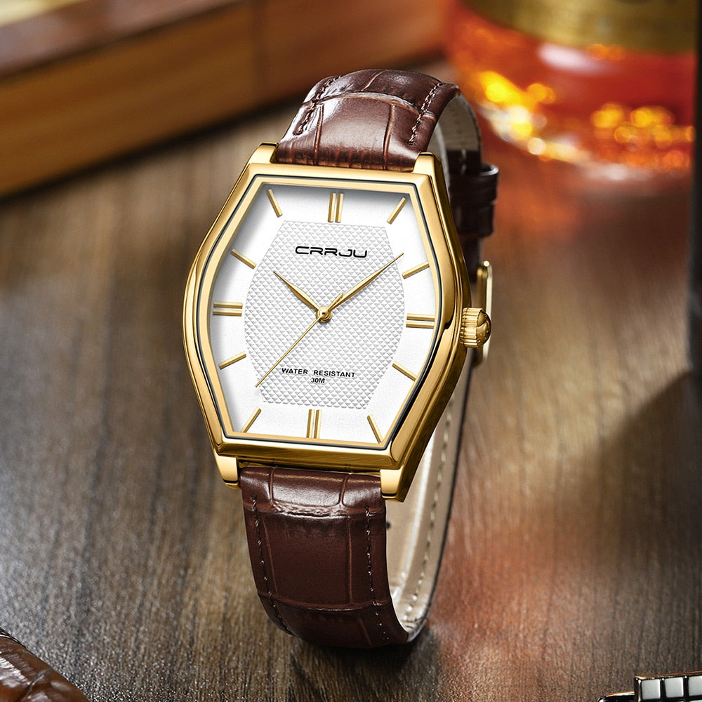 Relógio Masculino CRRJU de Luxo, com Pulseira de Couro e a Prova D'água.