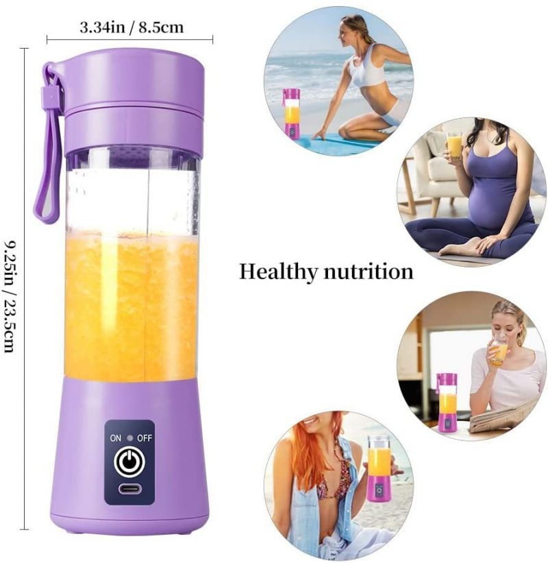 Mini Liquidificador Portátil, Carregamento da Bateria via USB, 06 Laminas. 380 ml