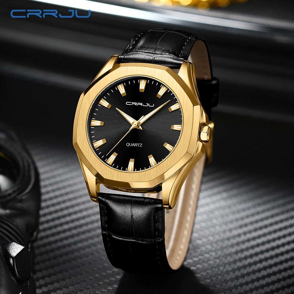Relógio Masculino CRRJU com Pulseira de Couro. Elegante, Casual e Esportivo e a Prova D'água.