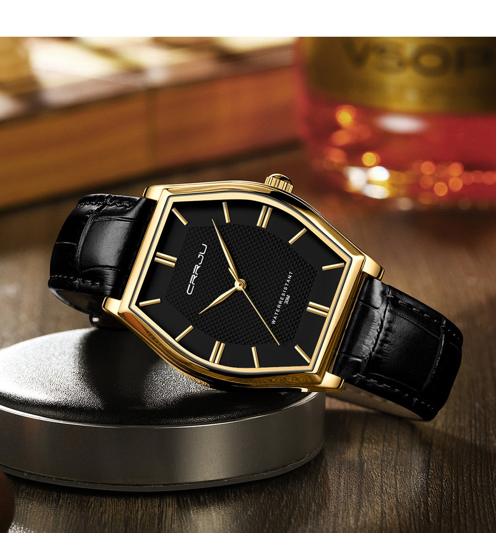 Relógio Masculino CRRJU de Luxo, com Pulseira de Couro e a Prova D'água.