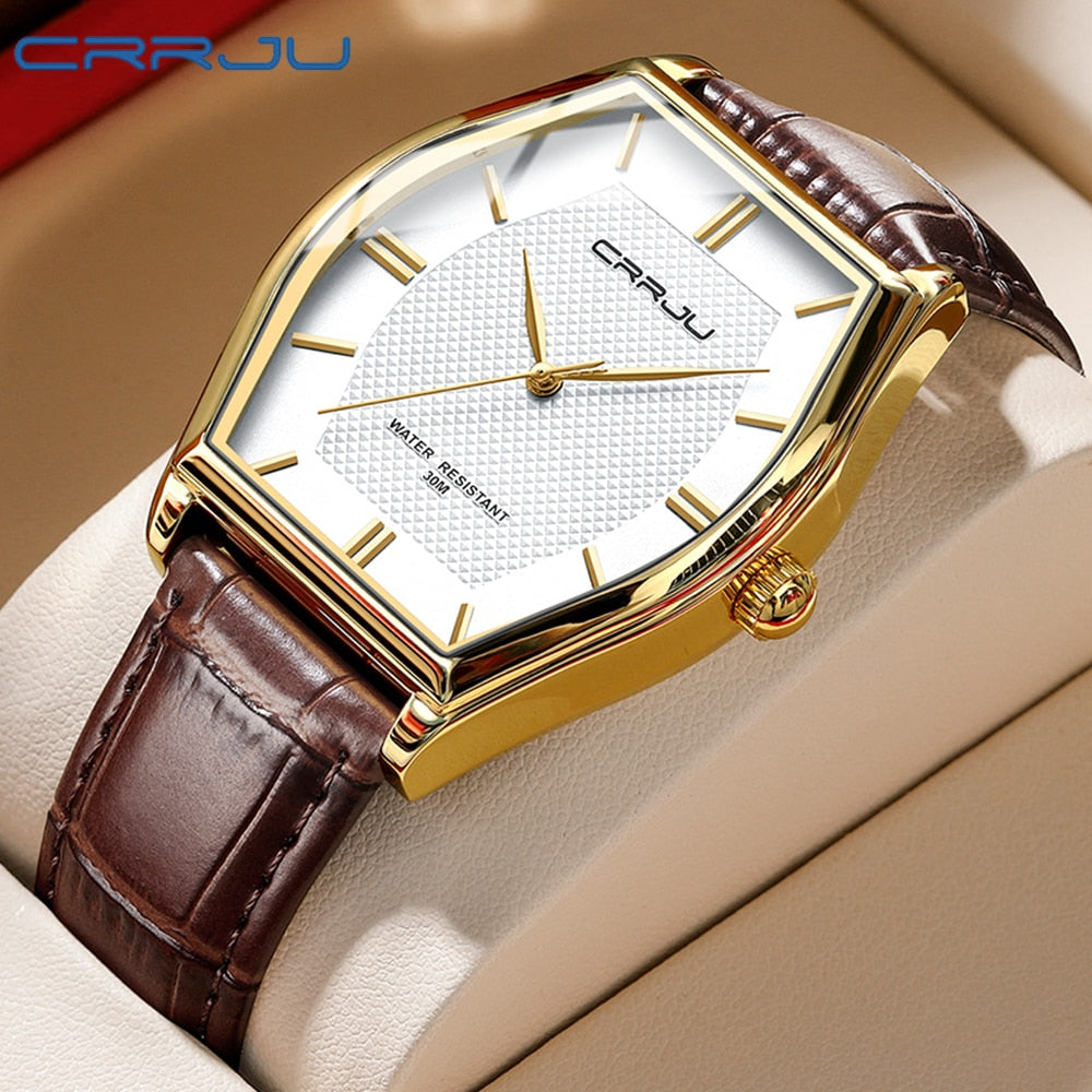 Relógio Masculino CRRJU de Luxo, com Pulseira de Couro e a Prova D'água.