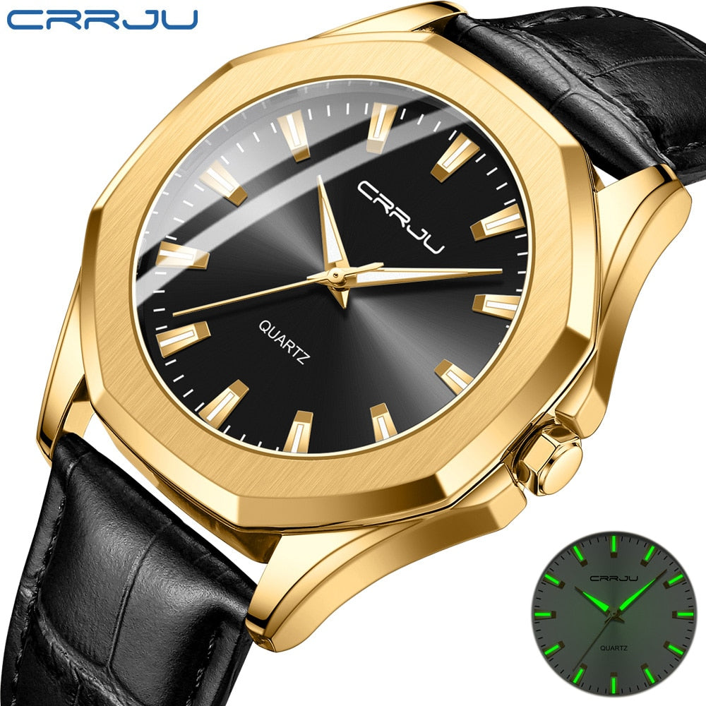 Relógio Masculino CRRJU com Pulseira de Couro. Elegante, Casual e Esportivo e a Prova D'água.