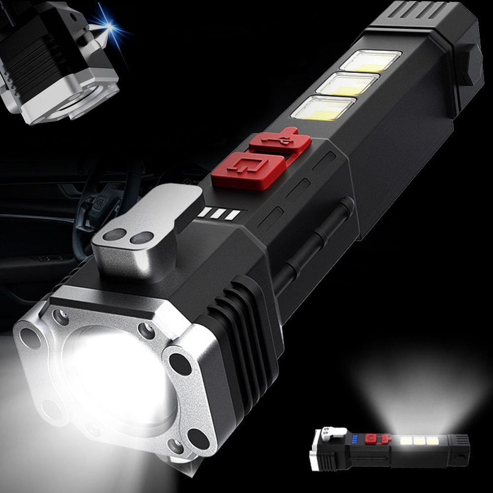 Lanterna de LED 200W, Com Bateria Recarregável via Cabo USB ou Solar, Estágios de Iluminação, Alta Resistência a Impacto e a Água. Consegue Transferir Energia para outros Equipamentos.