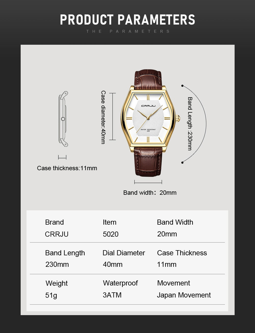 Relógio Masculino CRRJU de Luxo, com Pulseira de Couro e a Prova D'água.